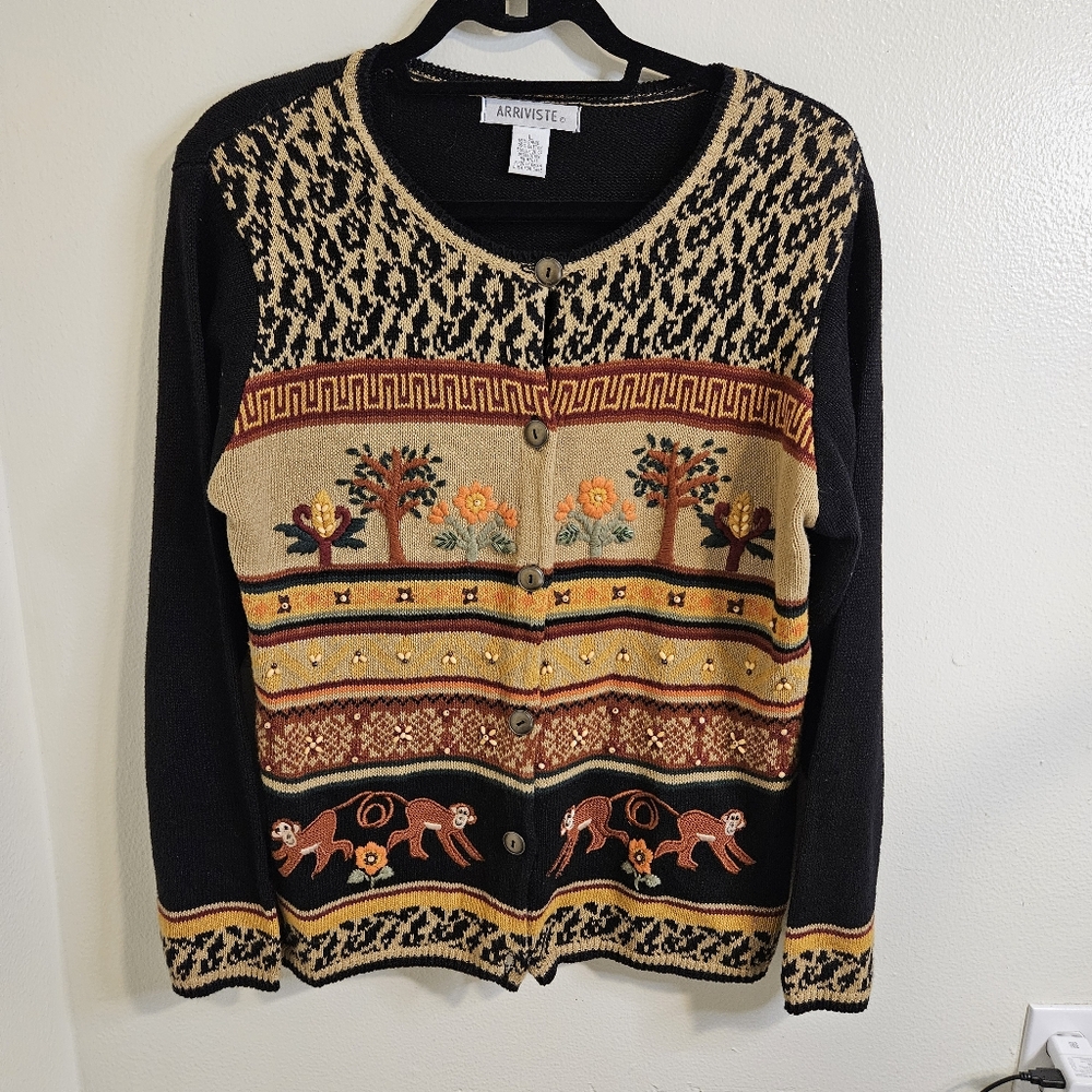 Vintage Cardigan Floral Embroidered Long Sleeve Sweater Size Large Art t…
